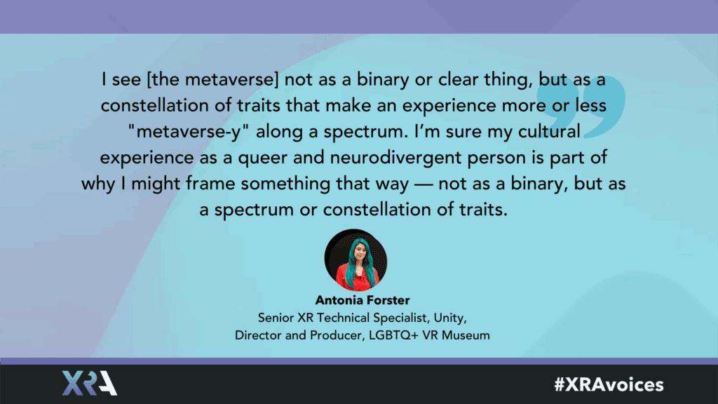 Antonia Forster quote from her XR interview, in bold on a blue background. A small image of Antonia is also included.