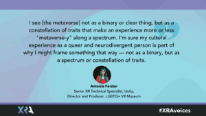 Antonia Forster quote from her XR interview, in bold on a blue background. A small image of Antonia is also included.