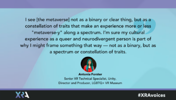 Antonia Forster quote from her XR interview, in bold on a blue background. A small image of Antonia is also included.