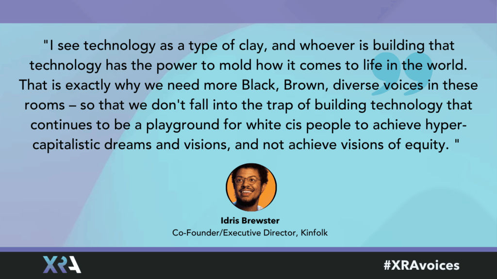 Idris Brewster headshot and quote card pulling a quote from question 7 of the interview. Blue and purple overlay background.