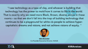 Idris Brewster headshot and quote card pulling a quote from question 7 of the interview. Blue and purple overlay background.