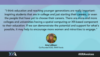 Amy LaMeyer discusses the importance of having educational resources to get more diverse voices interested in XR. Blue quote card with profile photo of Amy, a white women with red hair.