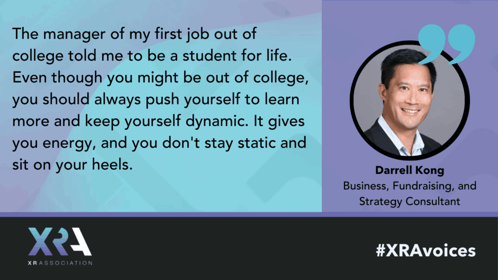 Darrell Kong in black business suit (profile photo). Quote discussing how its important to be a student for life.
