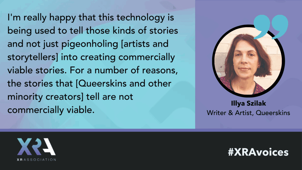 Illya Syzlak quote card blue background with purple gradient. She shares the impact of VR on building intimacy.