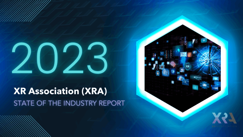 Blue text: 2023 White text: XR Association Purple text: State of the Industry Report|Blue text: 2023 in large font White text: XR Association (XRA) Purple text: State of the Industry report on black background|Blue font: 2023 White font: XR Assocaition (XRA) Purple Font: State of the Industry Report