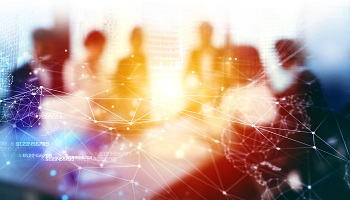 Silhouette of businessperson in office with network effect. concept of partnership and teamwork